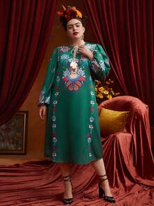 Frida Kahlo X SHEIN Hơn In hoa Cà vạt Tay áo lồng đèn Đầm - màu xanh lá - Xem 3