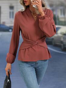 SHEIN Clasi Twist Front Lantern Sleeve Blouse - Pink - View 4