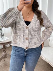 Flirla 大碼段染落肩袖麻花編織開襟衫 - 彩色 - 查看 7