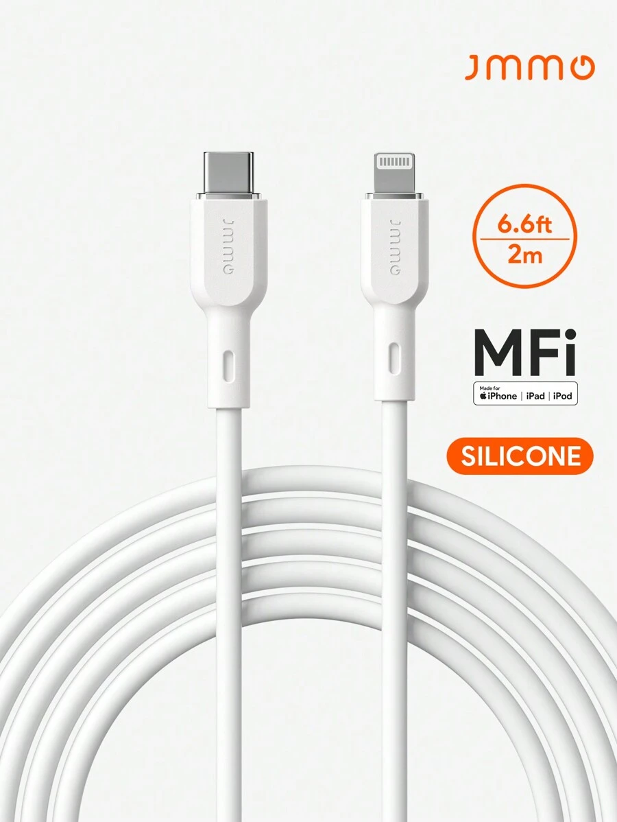 JMMO 1條矽膠 USB-C 轉 Lightning 充電線，Type-C 充電線，6.6FT/2M 18W，相容 [MFi 認證] - 白色 - 查看 1