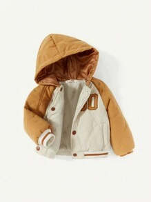 Baby Boy Letter Graphic Raglan Sleeve Colorblock Hooded Padded Coat - Brown - View 3