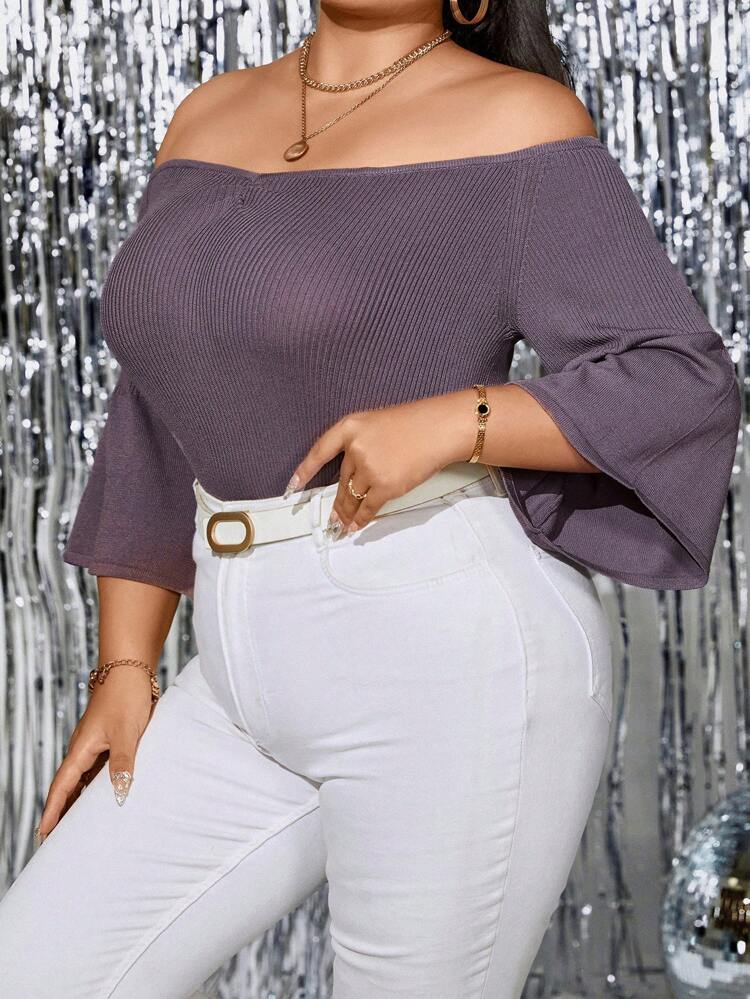 Plus Off Shoulder Flare Sleeve Sweater Knit Pullover Fall Winter Sweater