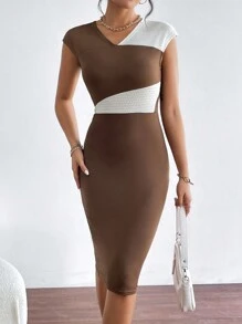 SHEIN Essnce Khối màu Cổ v Váy bodycon - màu nâu - Xem 3