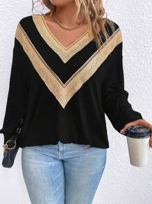 SHEIN LUNE Plus Contrast Guipure Lace Drop Shoulder Sweatshirt Pullover Fall Sweatshirt - Black - View 3