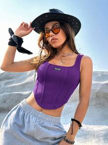 SHEIN Coolane 字母補丁細節弧形下擺背心上衣 - 紫色 - 查看 5