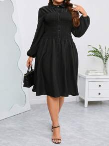 SHEIN Clasi Plus Solid Button Front Shirred Shirt Dress