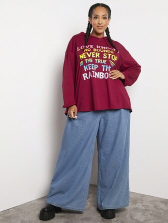 SHEIN CURVE+ Plus Slogan Graphic Drop Shoulder Hoodie
