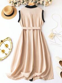 SHEIN Clasi Plus Contrast Trim Belted Shirt Dress - Apricot - View 2