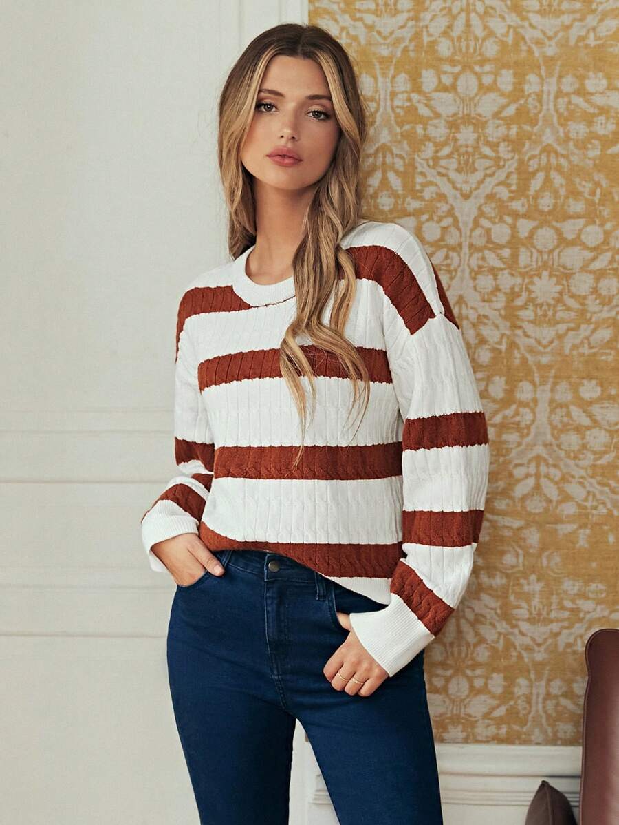 SHEIN Frenchy Striped Pattern Drop Shoulder Sweater Winter Casual - Multicolor - View 1