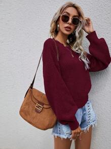 SHEIN LUNE Áo len chui đầu tay phồng, vai rớt, chất liệu dệt kim gân, màu trơn, thích hợp cho mùa thu đông. - Đỏ - Xem 5