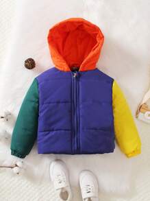 Young Boy Colorblock Hooded Padded Coat - Multicolor - View 1