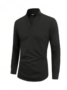 Men Solid Notched Neck Shirt - Black - View 3