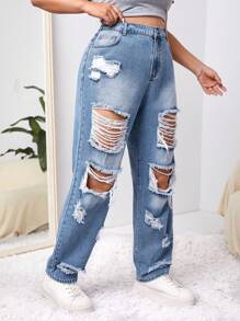 SHEIN ICON Jeans rectos con roturas, modelo novio talla grande