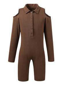 SHEIN Tween Girl Cold Shoulder Button Front Rib-knit Unitard Romper Without Bag - Khaki - View 1