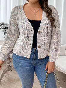 Flirla 大碼段染落肩袖麻花編織開襟衫 - 彩色 - 查看 5