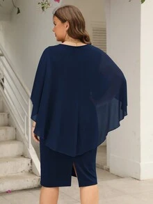 Nemidor Plus Solid Cloak Sleeve Ruched Side Dress - Royal Blue - View 2