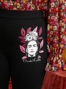 Frida Kahlo X SHEIN Plus Figure And Letter Graphic Leggings - Black - View 7