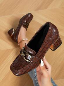 Women's High-heeled Loafers With Square Toe - Brown - View 3