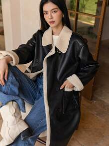 DAZY Abrigo de poliuretano con botones dobles y ribete de contraste, abrigo informal de mujer de invierno con cuello alto, hombros caídos y bolsillos, abrigo de mujer de color negro y bloque de color, ropa de mujer de invierno, chaqueta de mujer de invierno, ropa de mujer de otoño, forro polar