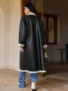 DAZY Abrigo de poliuretano con botones dobles y ribete de contraste, abrigo informal de mujer de invierno con cuello alto, hombros caídos y bolsillos, abrigo de mujer de color negro y bloque de color, ropa de mujer de invierno, chaqueta de mujer de invierno, ropa de mujer de otoño, forro polar