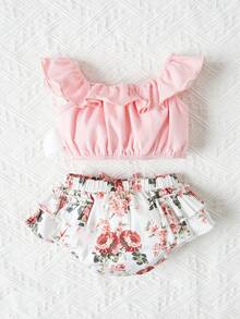 SHEIN Newborn Baby Girl Ruffle Trim Top & Floral Print Shorts - Multicolor - View 2