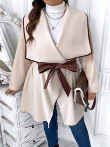 Celure 加瀑布領撞色綁帶束帶大衣 - 杏色 - 查看 6
