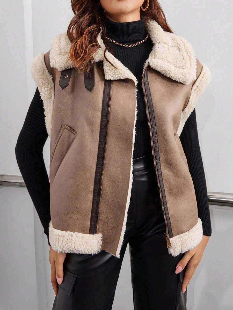 GENKIRA Dây kéo Lót Teddy Áo khoác vest - Màu Khaki - Xem 1