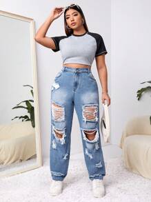 SHEIN ICON Jeans rectos con roturas, modelo novio talla grande