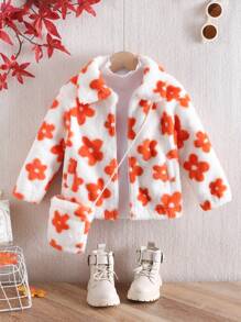 SHEIN Young Girl 1pc Floral Pattern Zipper Front Teddy Coat - White - View 1