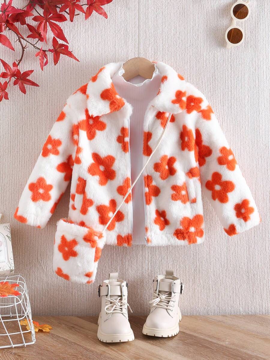 SHEIN Young Girl 1pc Floral Pattern Zipper Front Teddy Coat - White - View 1