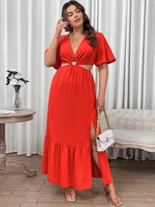 Breezaya Plus Plunging Neck Cut Out Waist Split Thigh Dress