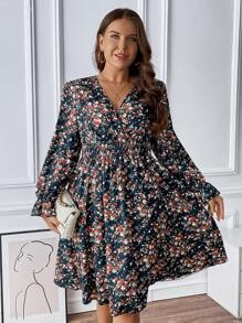Flirla Plus Ditsy Floral Print Flare Sleeve Dress