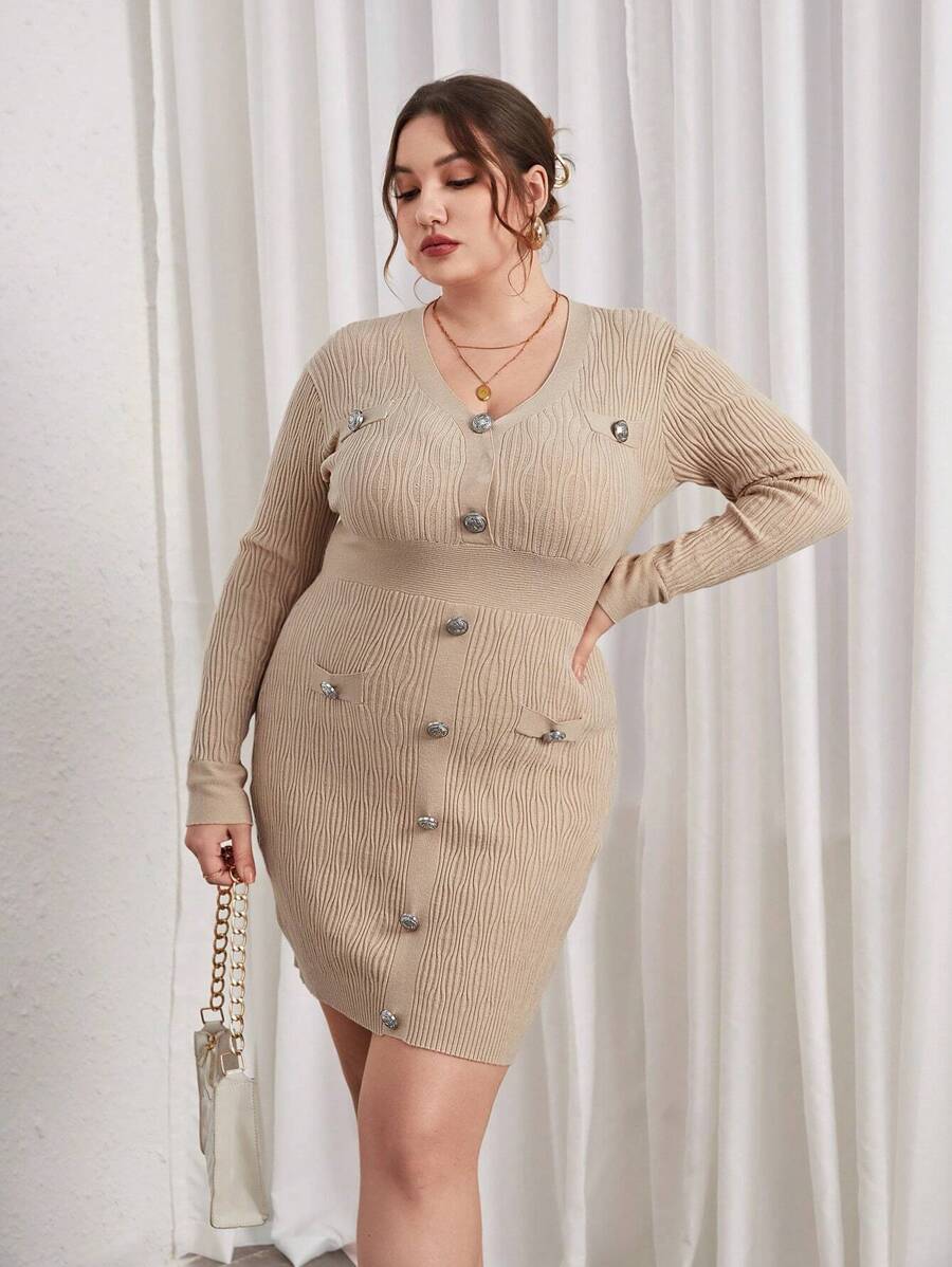 SHEIN Privé Plus Button Detail Bodycon Sweater Dress - Apricot - View 1