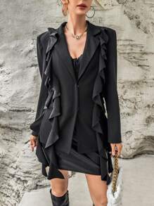 SHEIN Privé Solid Ruffle Trim Blazer - Black - View 3