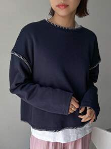 FRIFUL Top-Stitching Split Back Drop Shoulder Sweatshirt Without Tee,Fall Clothes - Navy Blue - View 2