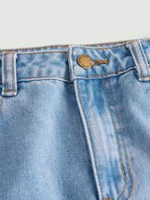 SHEIN Jeans rectos para niñas adolescentes con efecto desgastado, adecuados para uso diario casual de verano - Lavado ligero - Ver 3