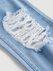 SHEIN Jeans rectos para niñas adolescentes con efecto desgastado, adecuados para uso diario casual de verano - Lavado ligero - Ver 4