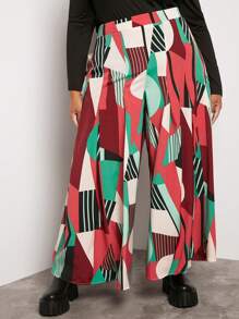 SHEIN CURVE+ Hơn Địa lý In chắp vá Quần ống rộng - Màu Hồng Tươi - Xem 6