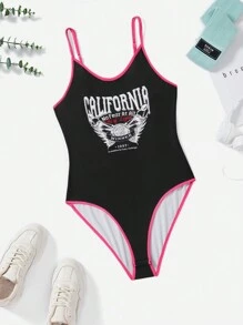 Flirla Hơn Đồ họa Chữ cái Tương phản ràng buộc Áo liền quần dây treo - màu đen - Xem 1