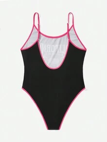 Flirla Hơn Đồ họa Chữ cái Tương phản ràng buộc Áo liền quần dây treo - màu đen - Xem 2