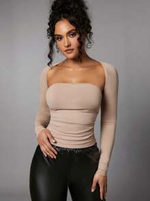 SHEIN BAE Solid Ruched Tube Top With Bolero - Khaki - View 4