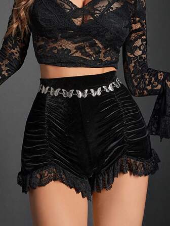 Gothic Contrast Lace Ruched Ruffle Hem Velvet Shorts