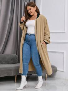 SHEIN LUNE Plus Contrast Trim Open Front Coat - Khaki - View 1