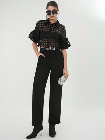 SHEIN Privé Plaid Mesh Drop Shoulder Crop Shirt Without Bra