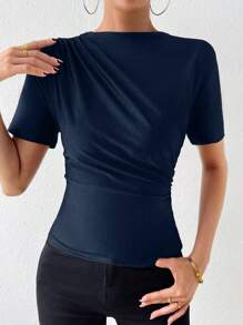 Allurite Camiseta de hombros fruncido - Azul Marino - Ver 7