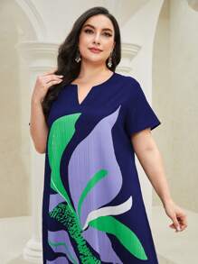 Al Najma Plus Floral Print Notched Neckline Dress - Multicolor - View 6