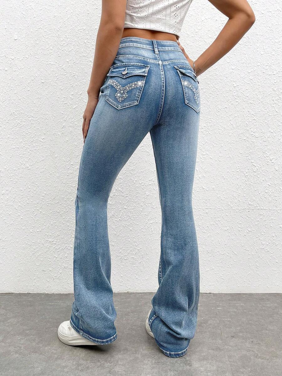 SHEIN EZwear Embroidery Detail Flare Leg Jeans - Medium Wash - View 1