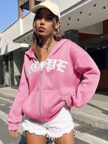 SHEIN EZwear 字母圖案拉鏈開襟落肩袖抽繩運動衫 - 粉色 - 查看 3