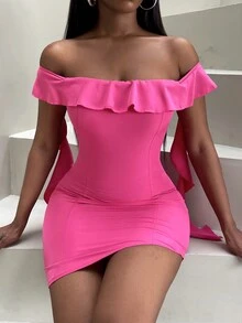 SHEIN Slayr Vestido ajustado de hombros descubiertos ribete con fruncido