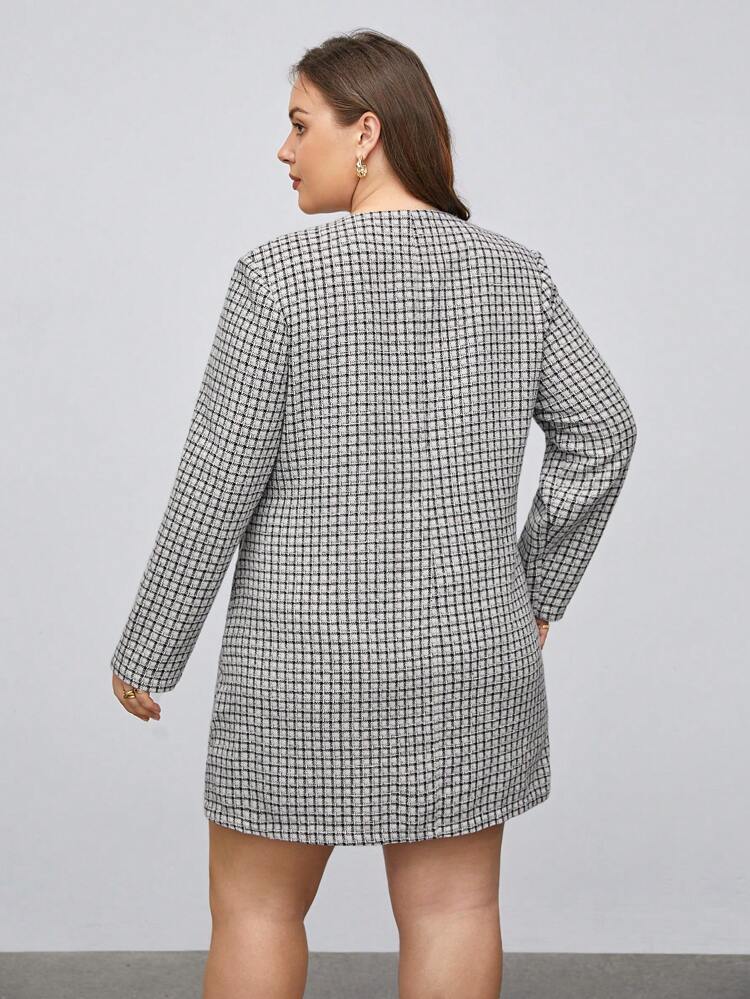 Plus Plaid Pattern Button Front Tweed Overcoat Without Belt